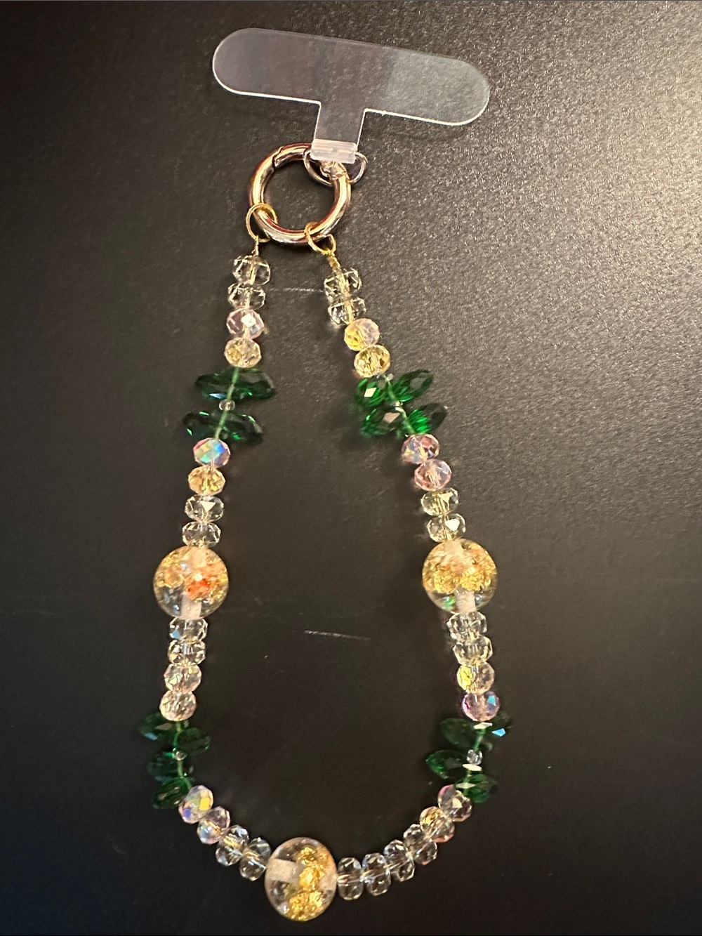 Handcrafted Green and Gold Beaded phone charm